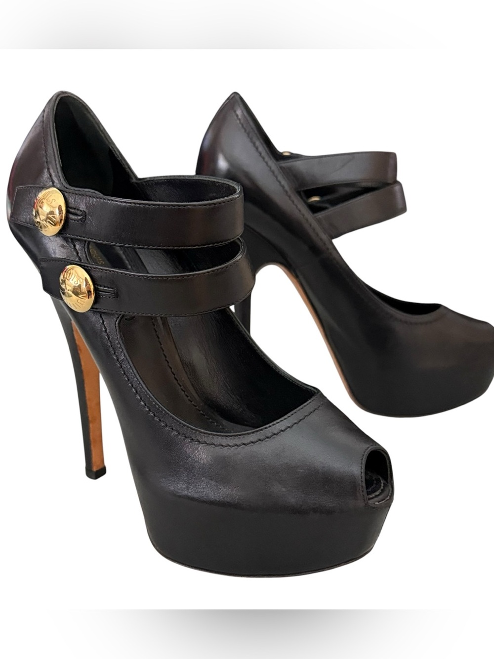LOUIS VUITTON RITUAL FETISH BLACK LEATHER MARY JANE PEEP TOE PLATFORM PUMPS 37